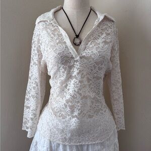 Vintage Sheer Lace Collared Long Sleeve Top